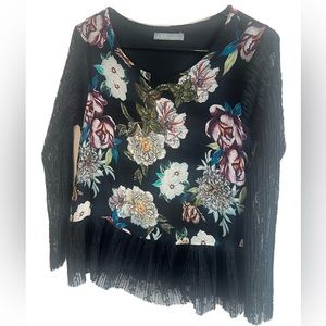 LOLA Made in Italy— Black Floral Silk & Lace Scoop Neck Blouse, size Medium